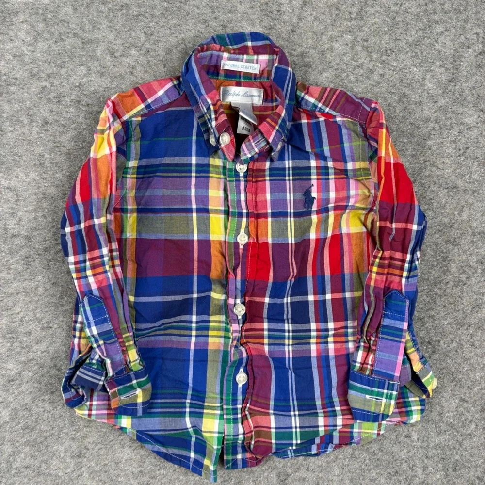 Ralph Lauren Button Down Shirt Unisex 12 Month Multi-Color Plaid Madras Preppy